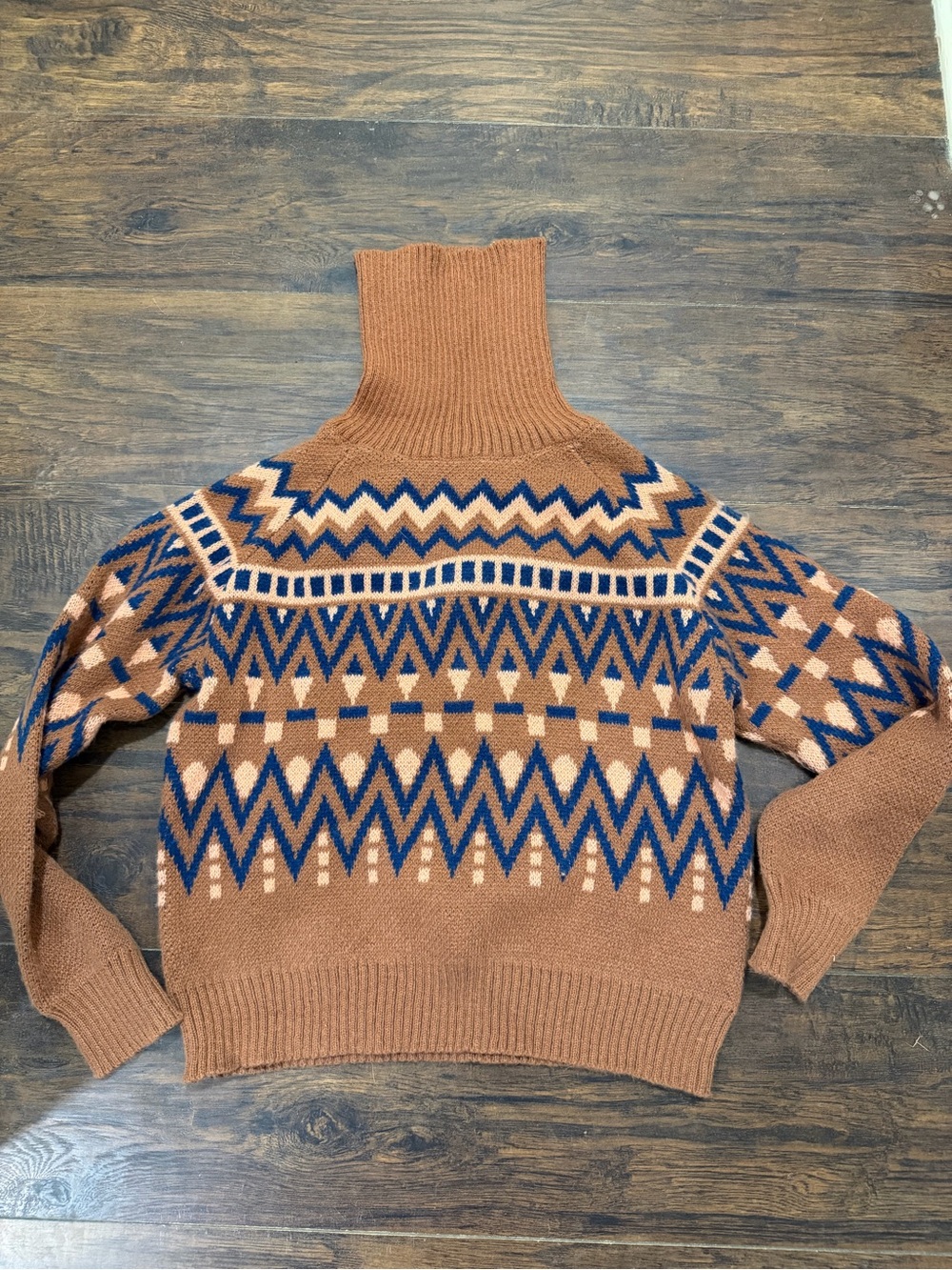 Shein Brown & Blue Fairisle Geometric Turtleneck Sweater Size Small